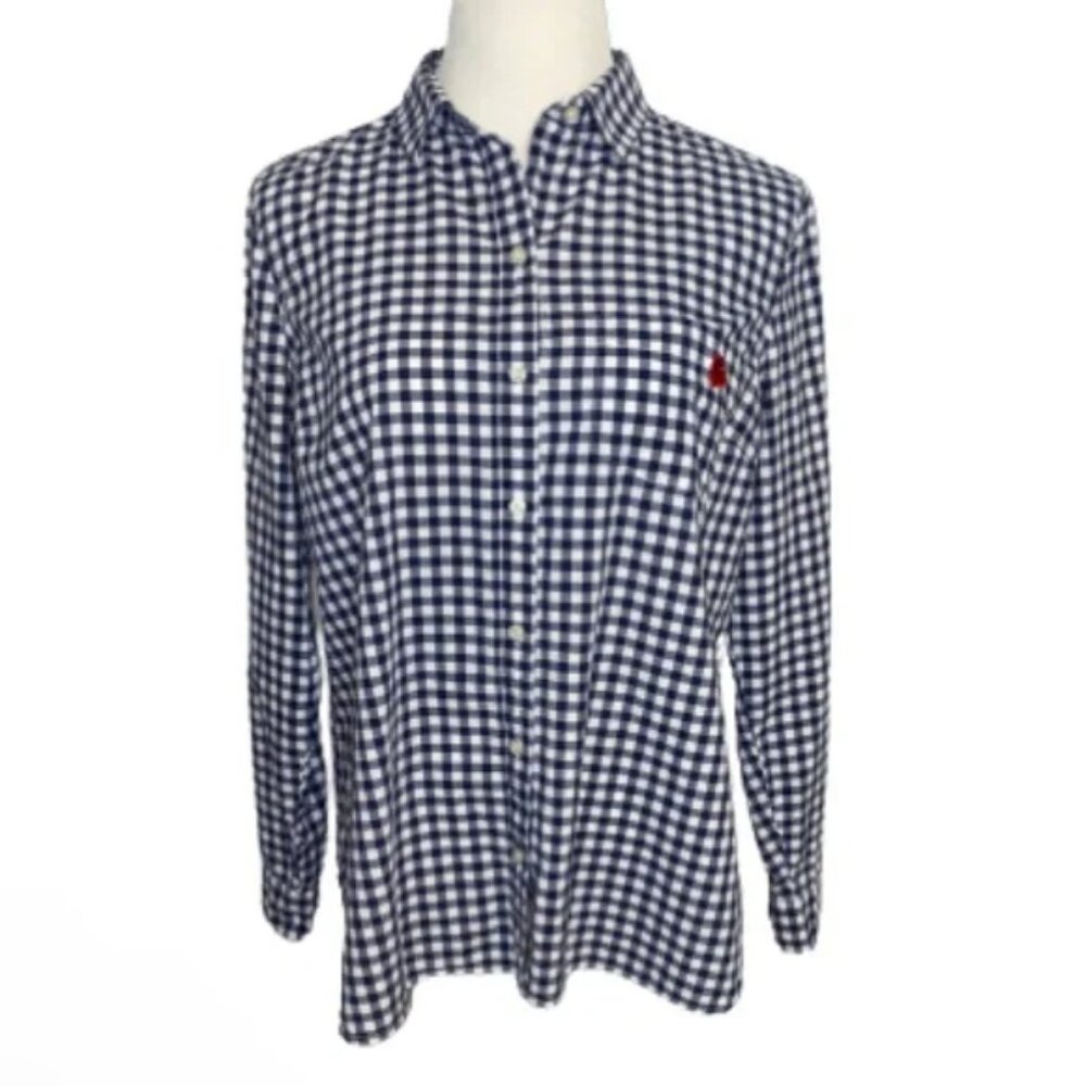 Womens Large Blue White Plaid Check Shirt Long Sleeve Old Navy Button Down